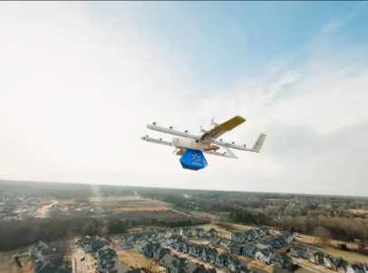 Drone flying over city traffic